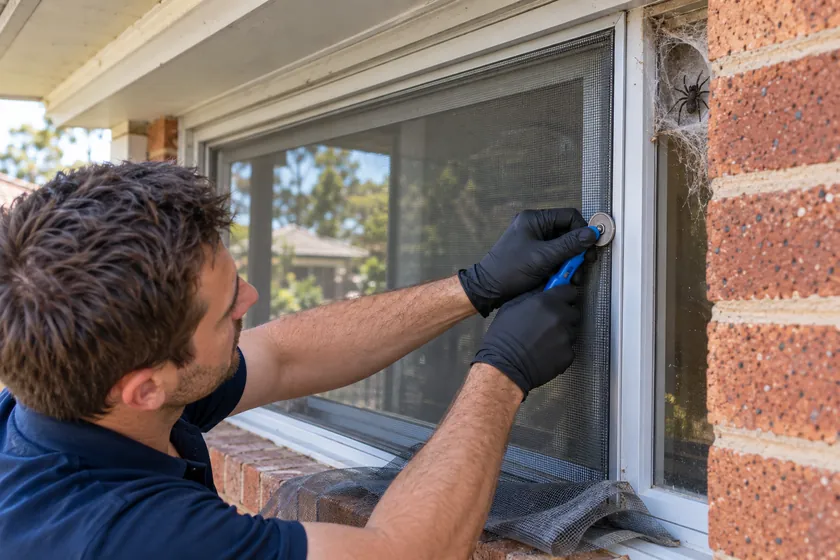 Technician replacing a window flyscreen beside a black house spider web