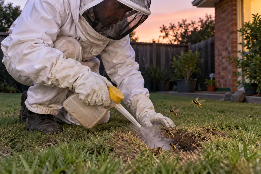 Technician in a bee suit dusting an underground European wasp nest in a lawn at dusk